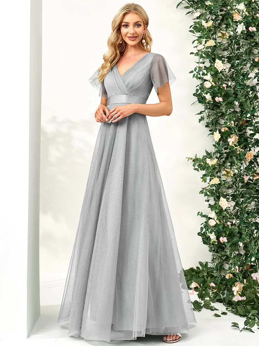 Double V-Neck Tulle Floor-Length Bridesmaid Dress