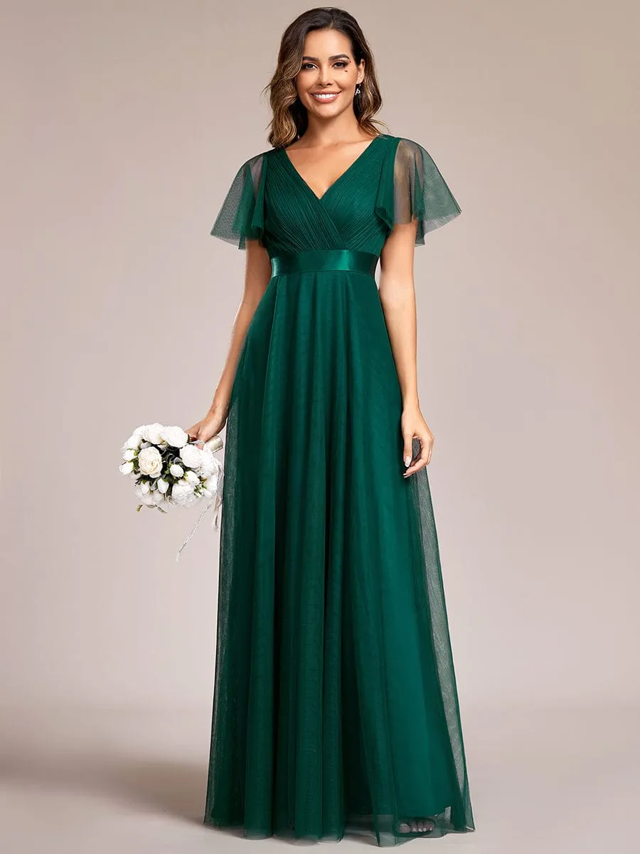 Double V-Neck Tulle Floor-Length Bridesmaid Dress