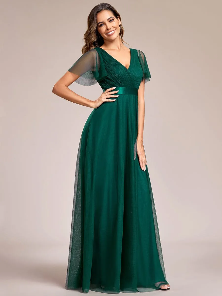 Double V-Neck Tulle Floor-Length Bridesmaid Dress
