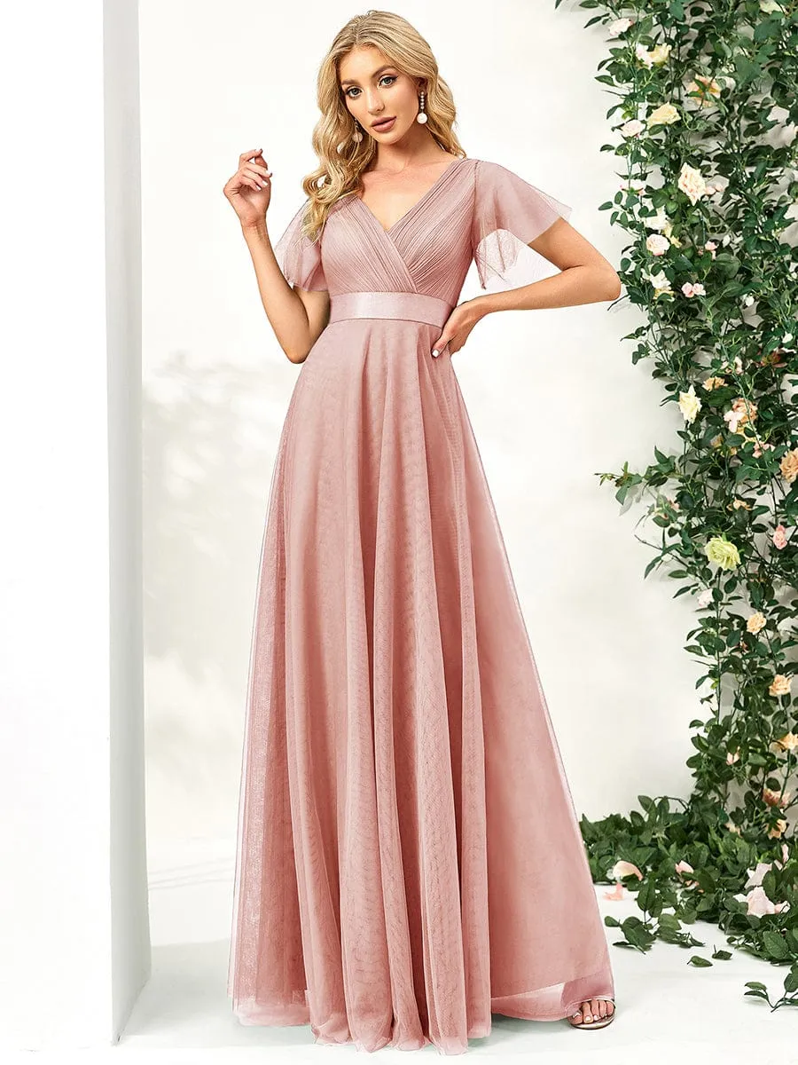 Double V-Neck Tulle Floor-Length Bridesmaid Dress