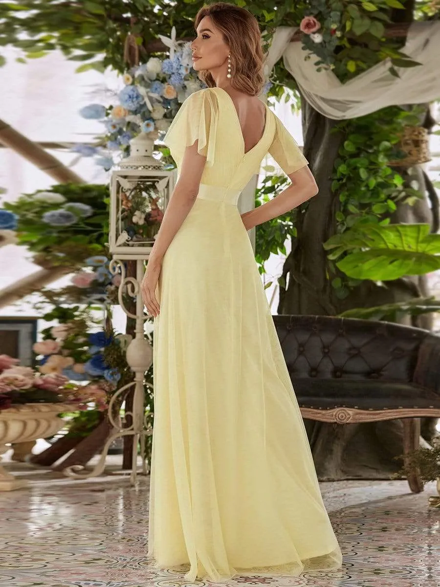 Double V-Neck Tulle Floor-Length Bridesmaid Dress