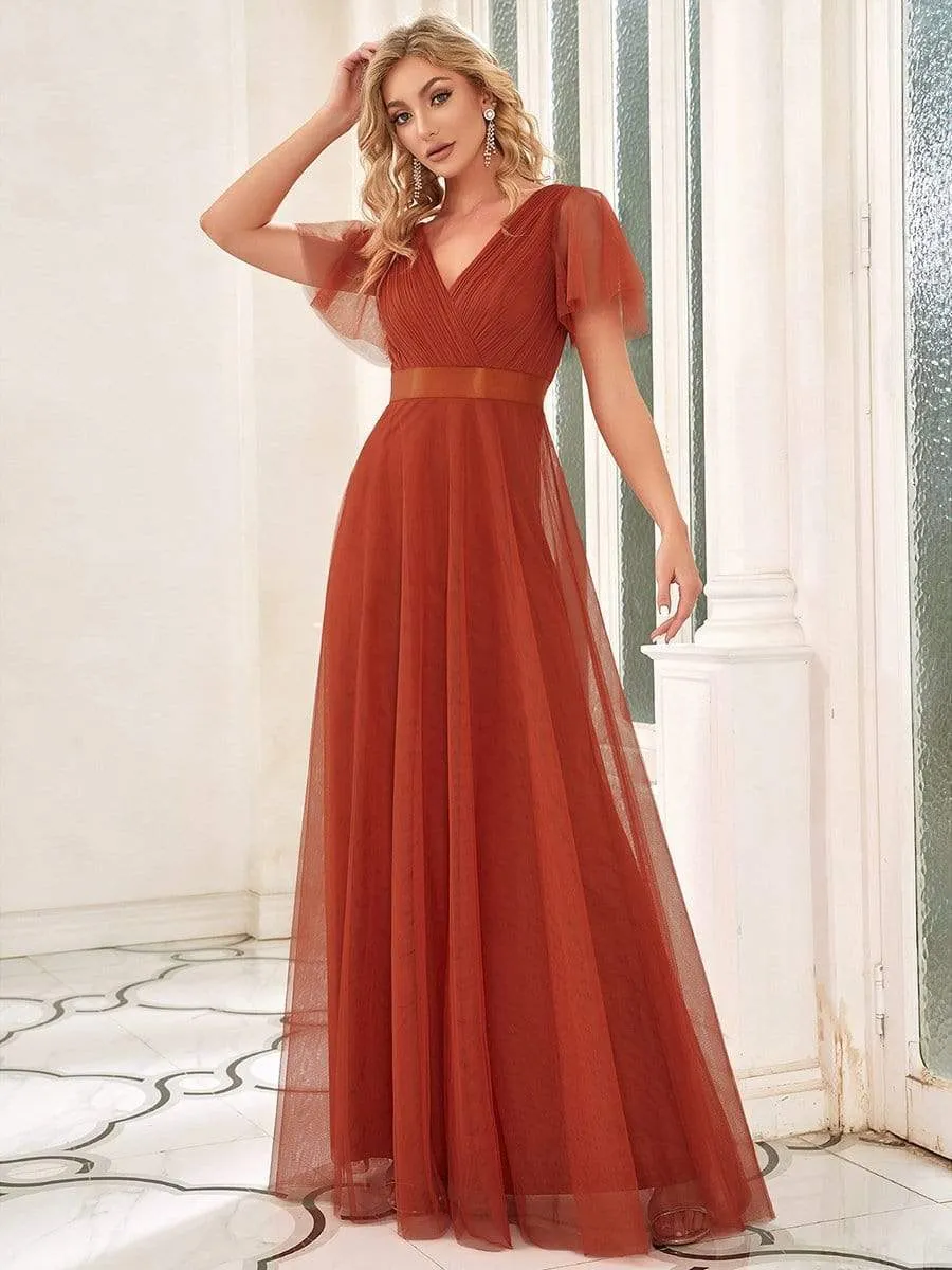 Double V-Neck Tulle Floor-Length Bridesmaid Dress