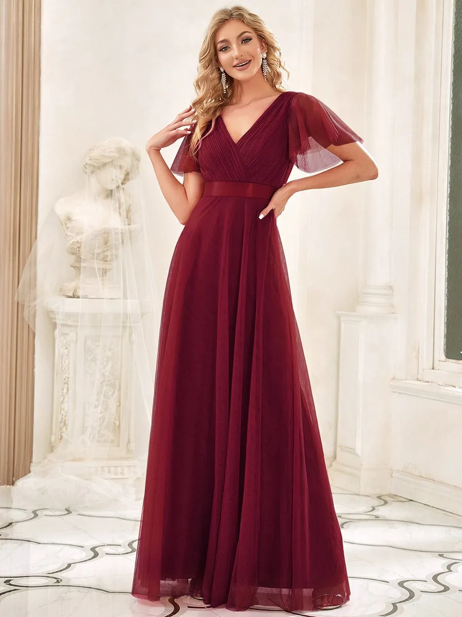 Double V-Neck Tulle Floor-Length Bridesmaid Dress