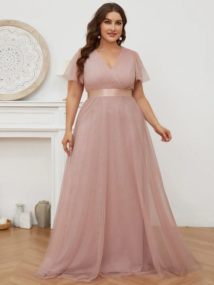 Double V-Neck Tulle Floor-Length Bridesmaid Dress