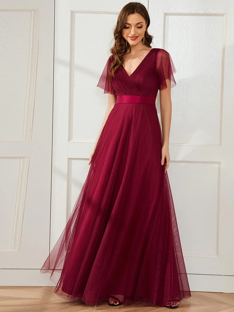 Double V-Neck Tulle Floor-Length Bridesmaid Dress