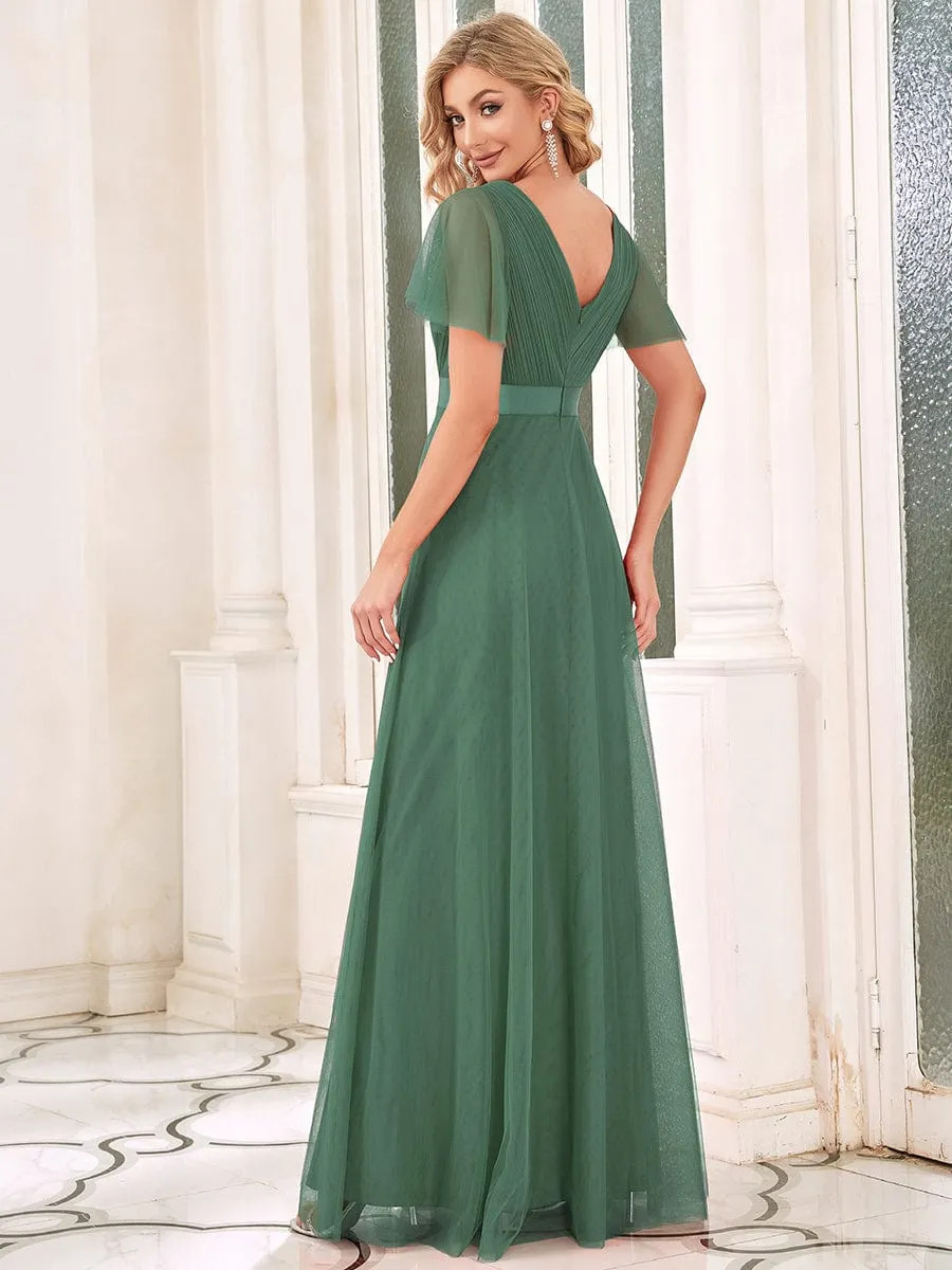 Double V-Neck Tulle Floor-Length Bridesmaid Dress
