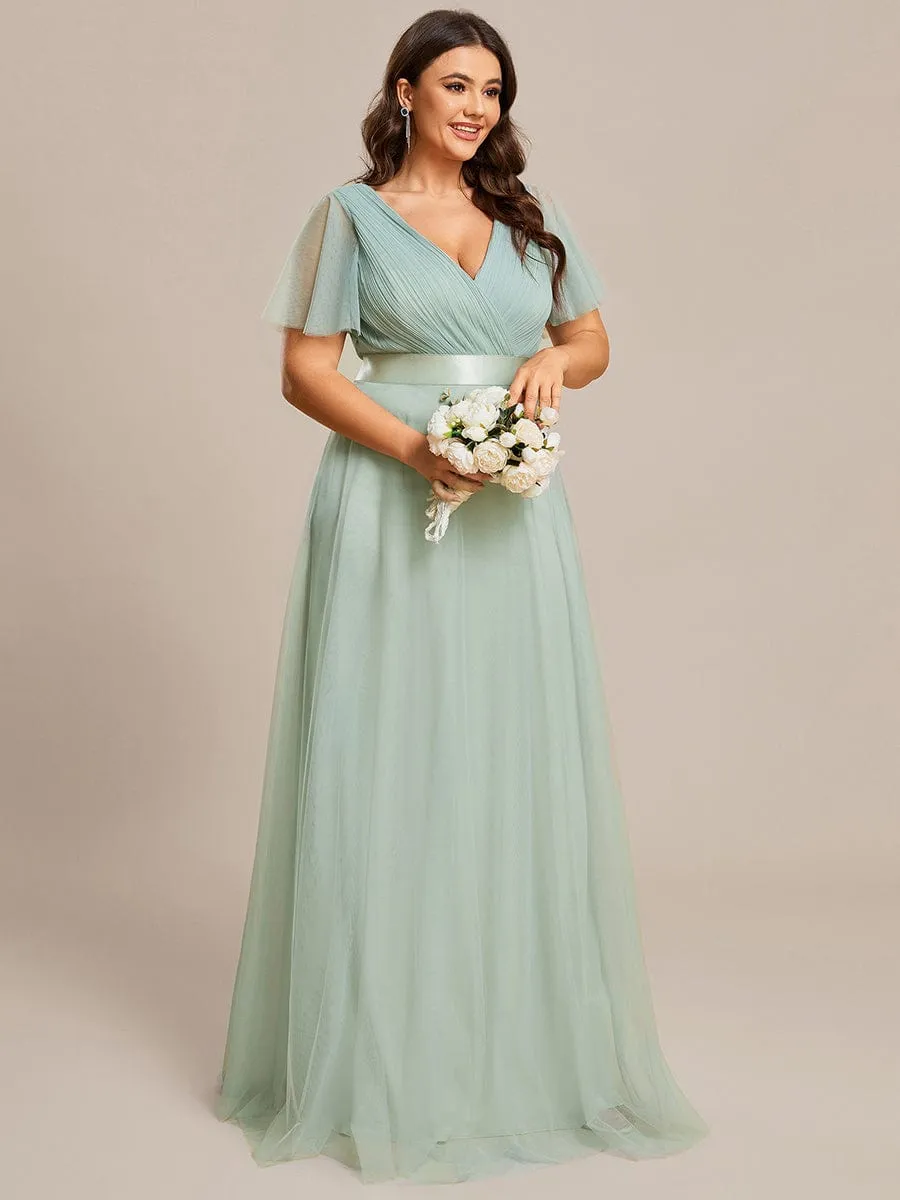 Double V-Neck Tulle Floor-Length Bridesmaid Dress