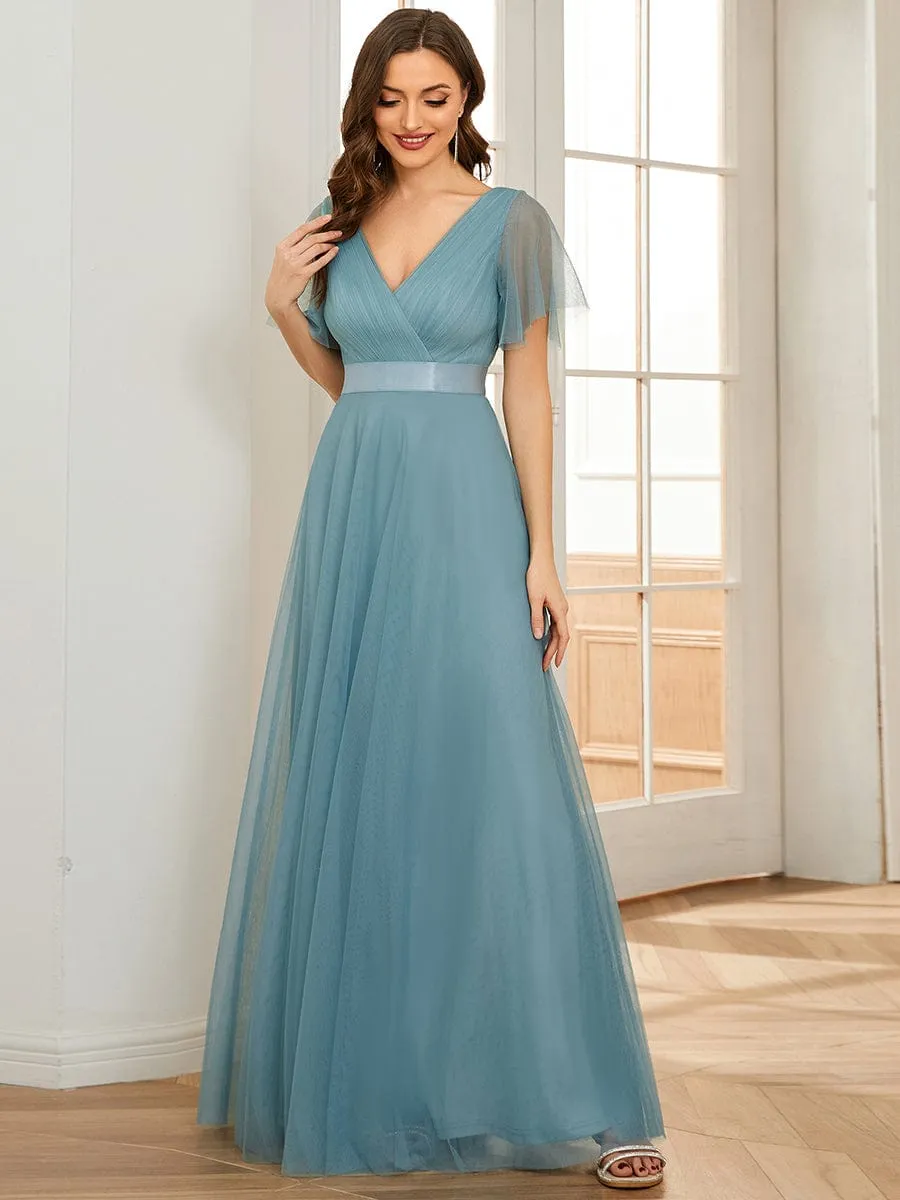 Double V-Neck Tulle Floor-Length Bridesmaid Dress