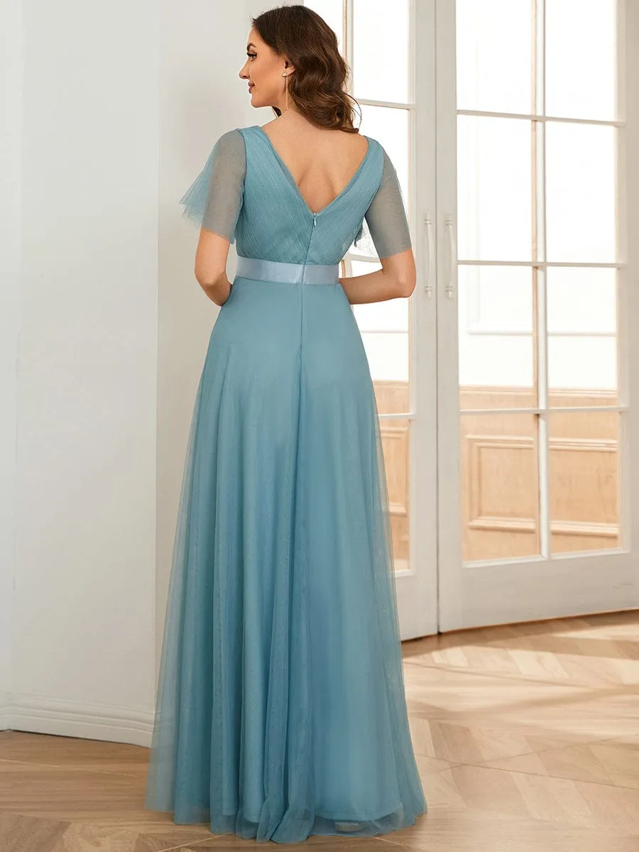 Double V-Neck Tulle Floor-Length Bridesmaid Dress