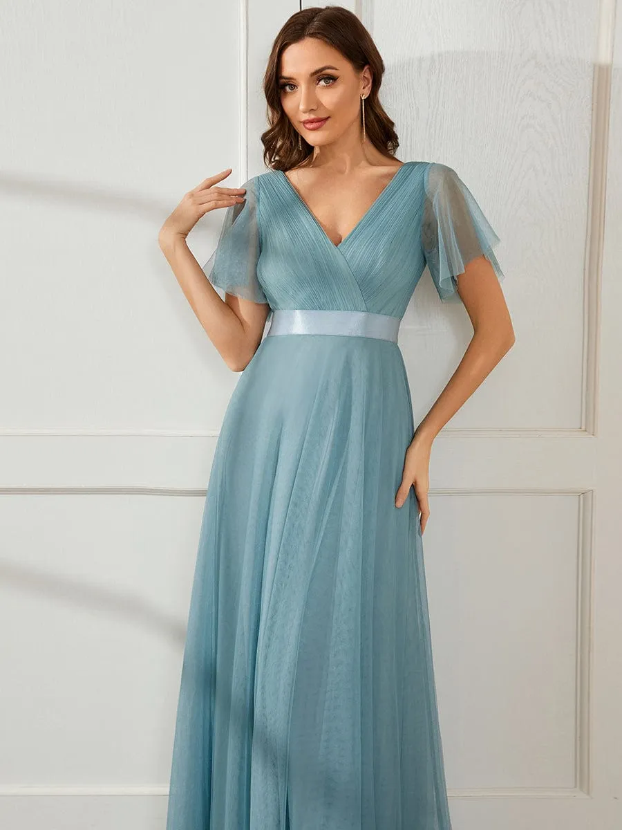 Double V-Neck Tulle Floor-Length Bridesmaid Dress
