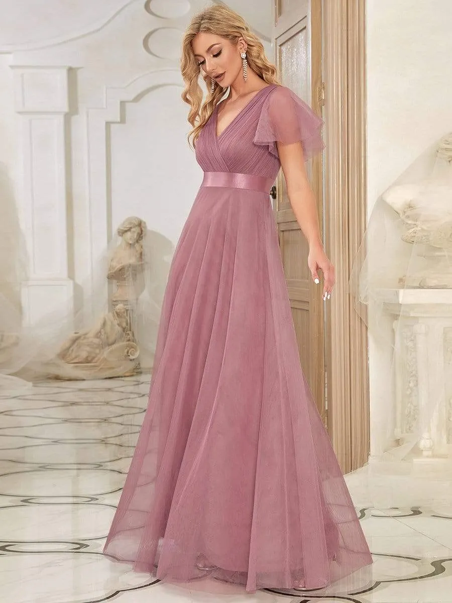 Double V-Neck Tulle Floor-Length Bridesmaid Dress
