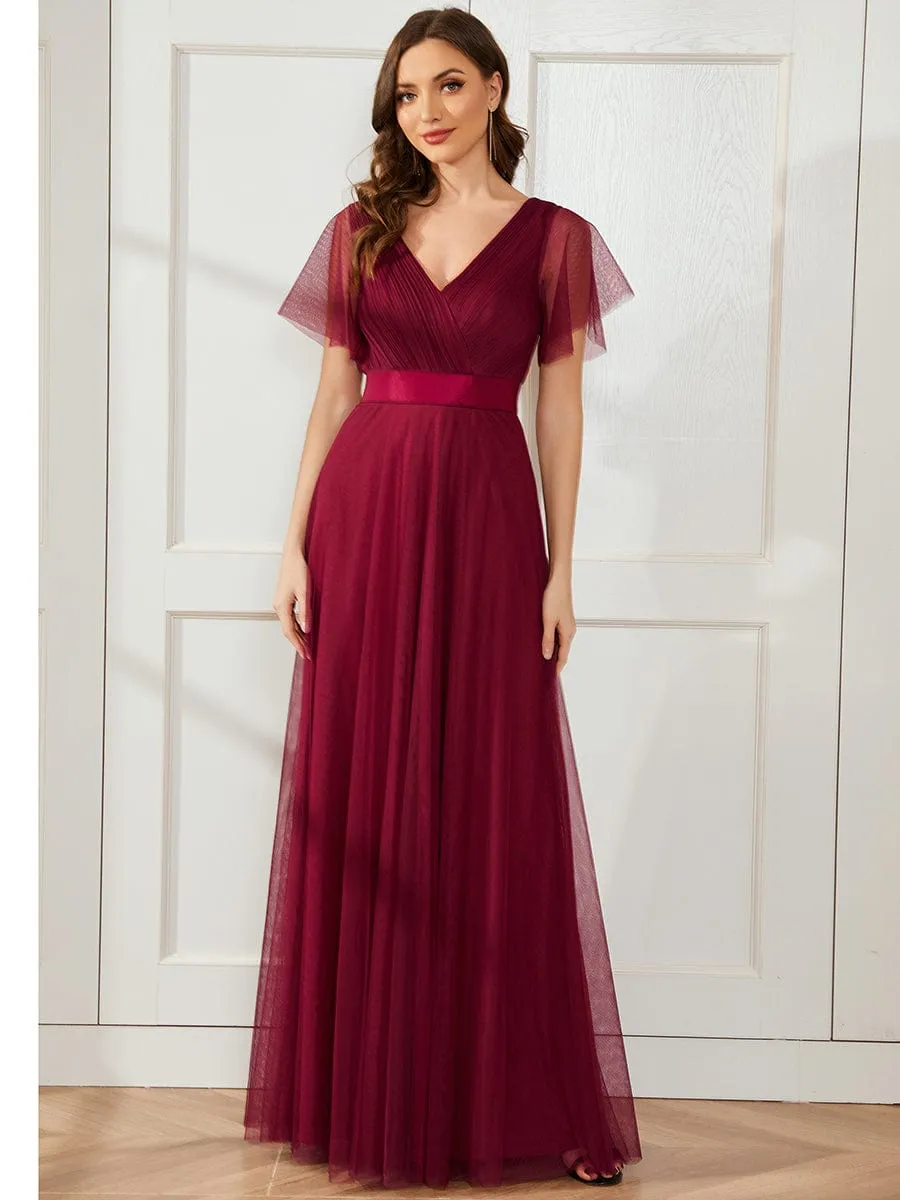 Double V-Neck Tulle Floor-Length Bridesmaid Dress