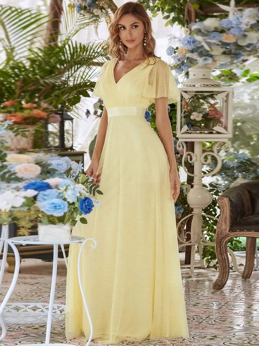 Double V-Neck Tulle Floor-Length Bridesmaid Dress