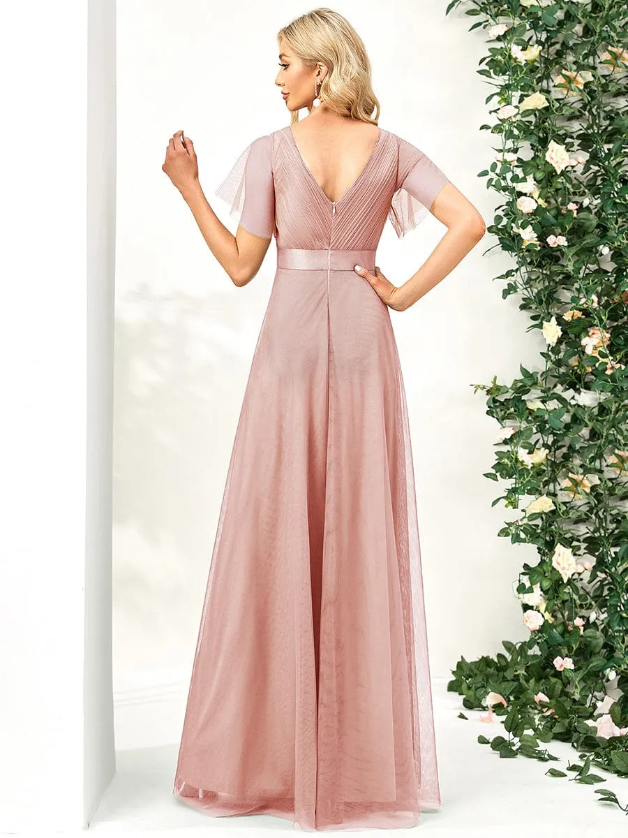 Double V-Neck Tulle Floor-Length Bridesmaid Dress