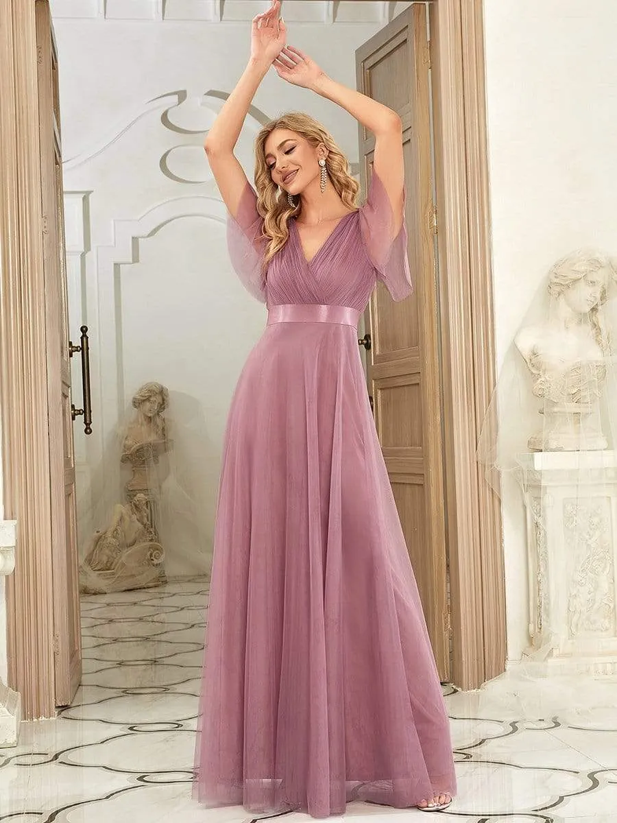 Double V-Neck Tulle Floor-Length Bridesmaid Dress