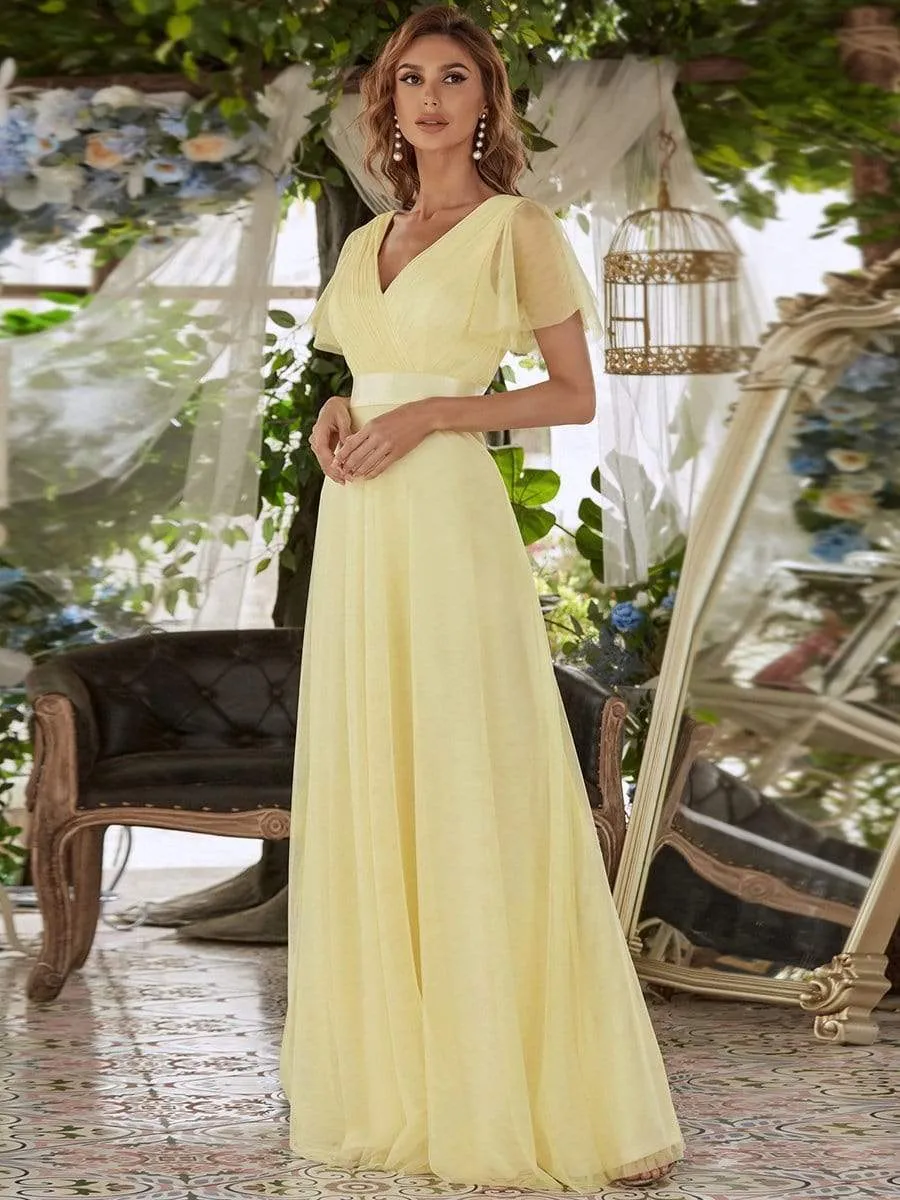 Double V-Neck Tulle Floor-Length Bridesmaid Dress