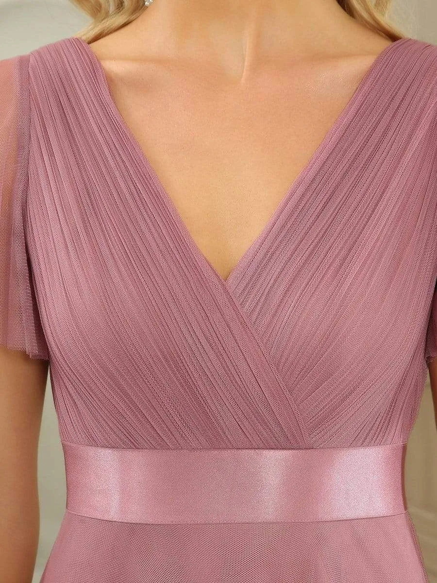 Double V-Neck Tulle Floor-Length Bridesmaid Dress