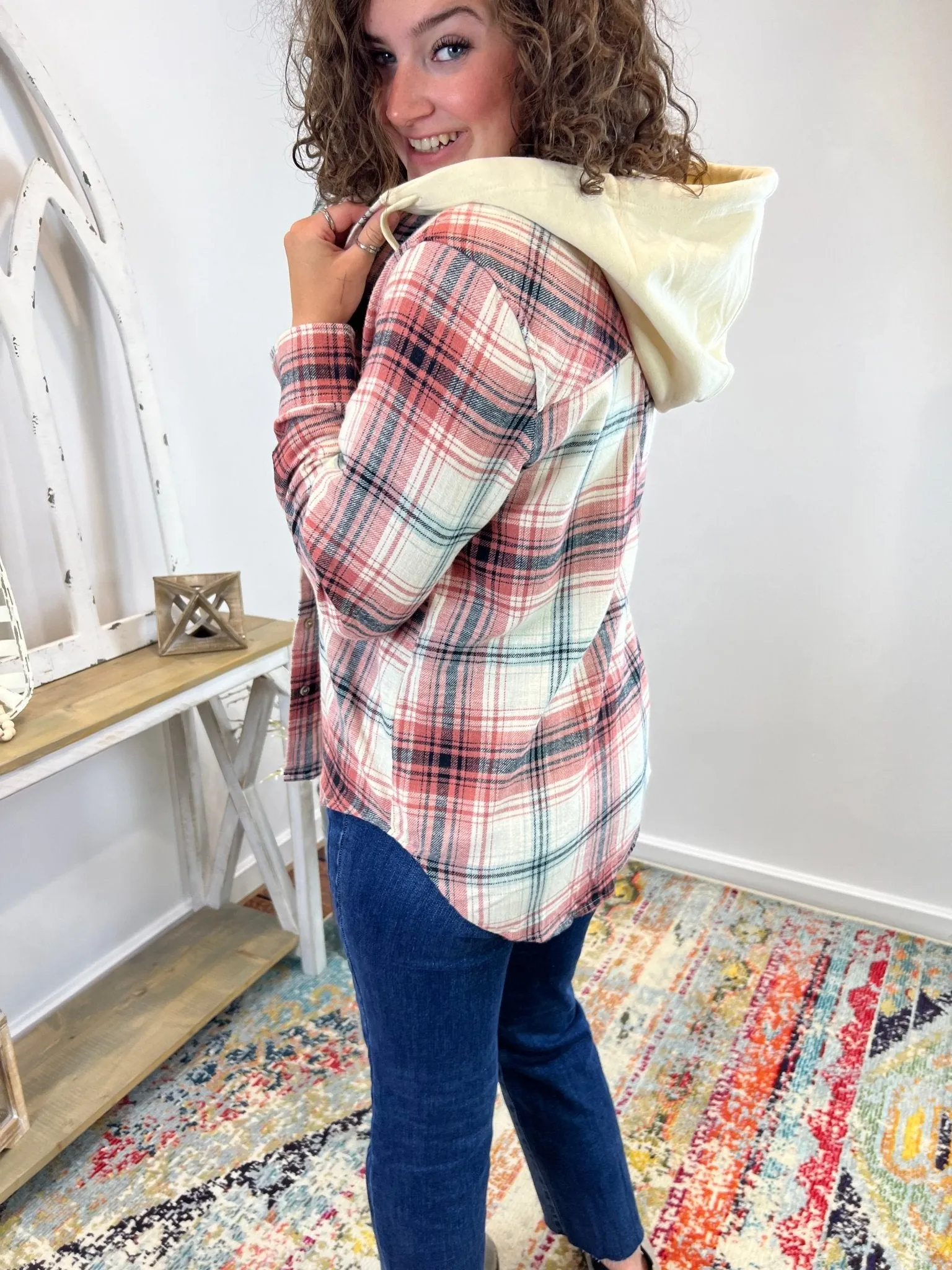 Dusty Rose Plaid Flannel Long Sleeve Hood Shirt