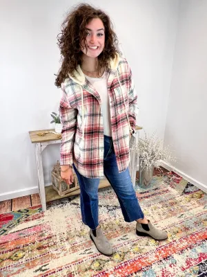 Dusty Rose Plaid Flannel Long Sleeve Hood Shirt