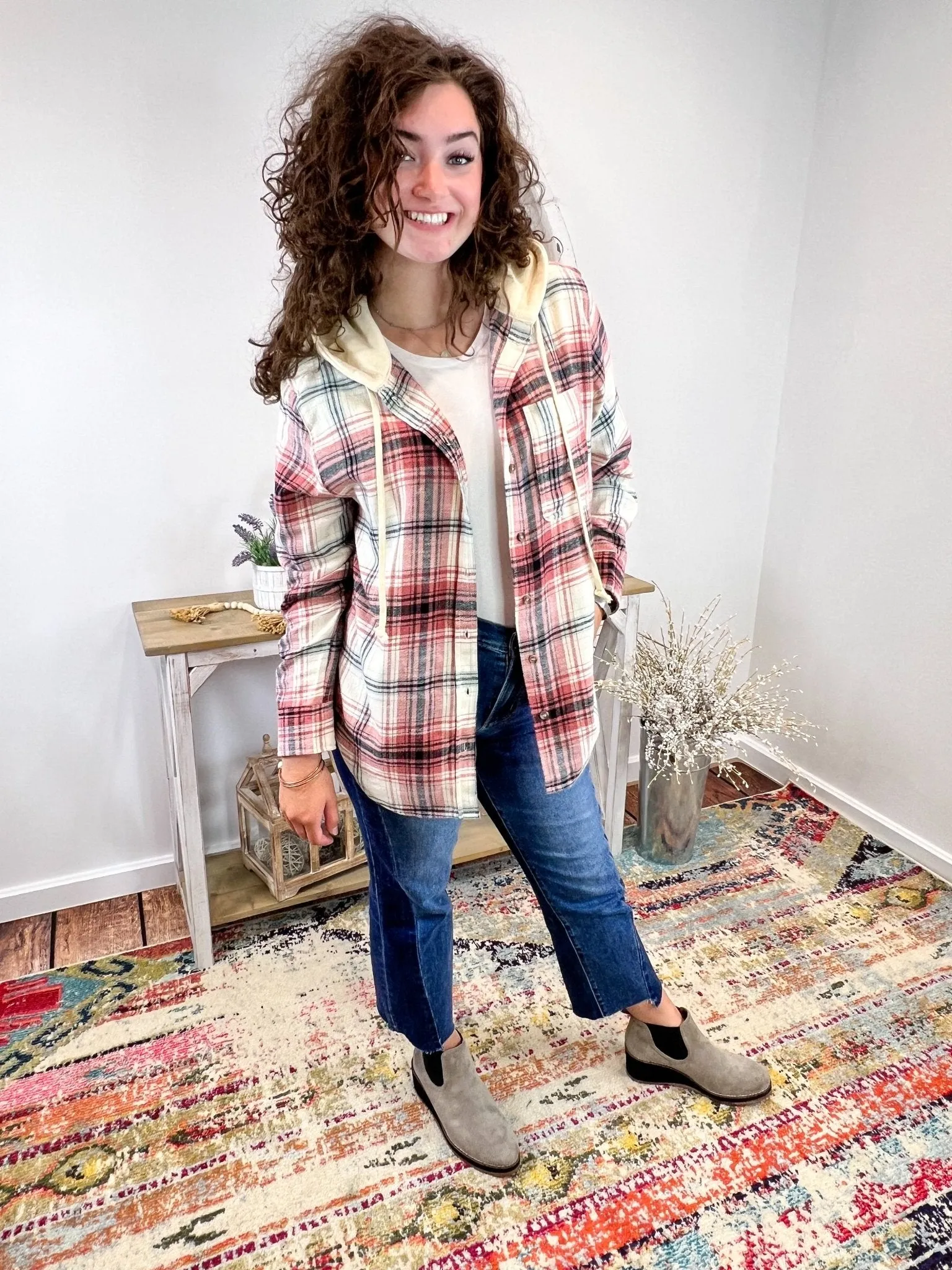 Dusty Rose Plaid Flannel Long Sleeve Hood Shirt