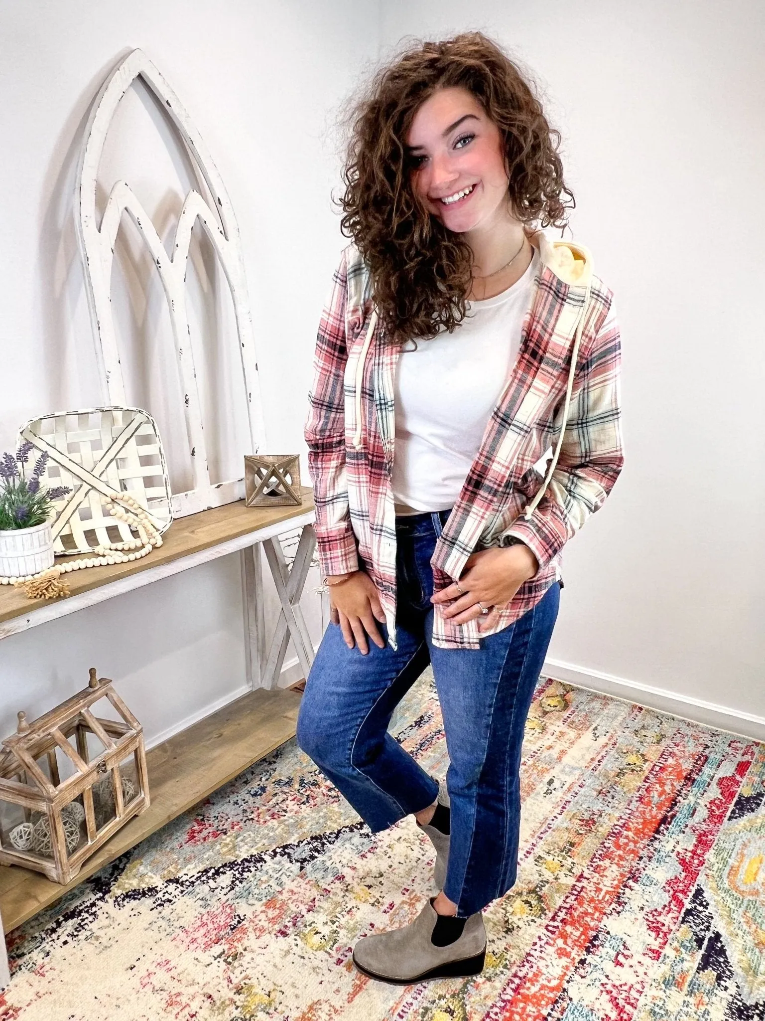 Dusty Rose Plaid Flannel Long Sleeve Hood Shirt