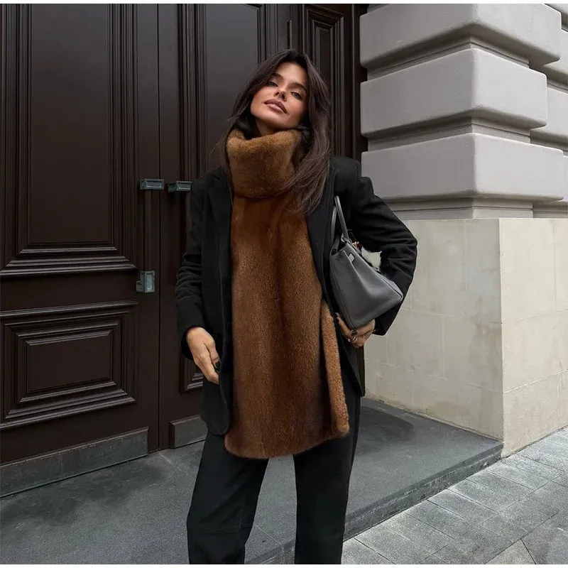 Elegant warm high neck Turtleneck faux Fur Sleeveless over coat vest