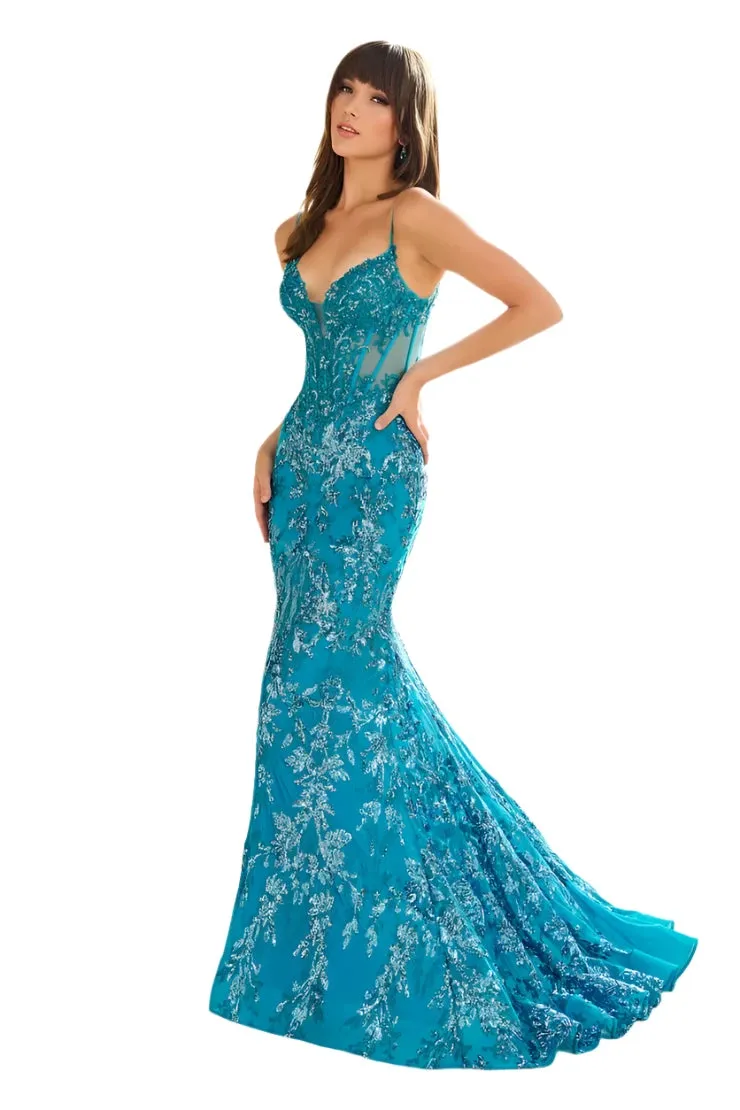Ellie Wilde EW36003 Sheer Corset Sequin Mermaid Backless Prom Dress Pageant Evening Gown