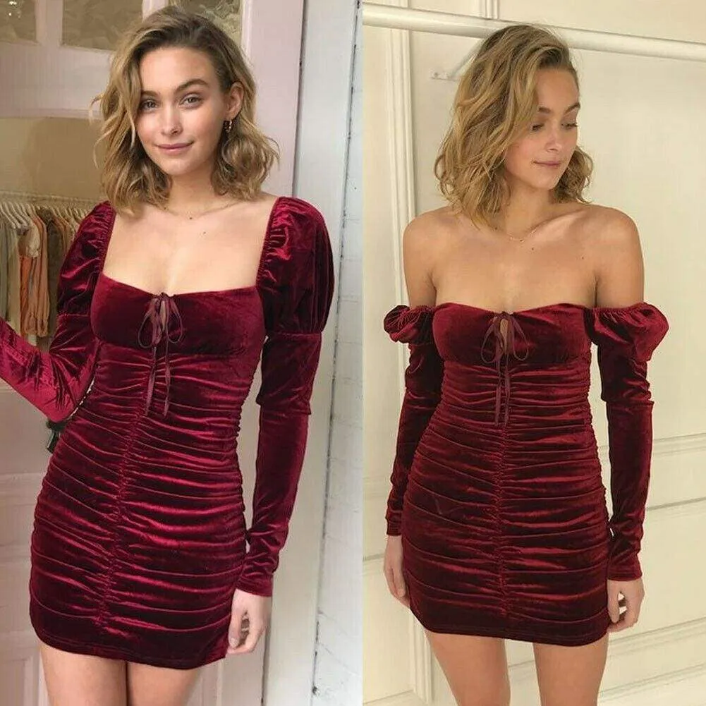 FashionSierra - Women's Bodycon Dress Autumn Long Sleeve Square Neck Sexy Ladies Cocktail Party Tight Slim Fit Mini Pencil Dress