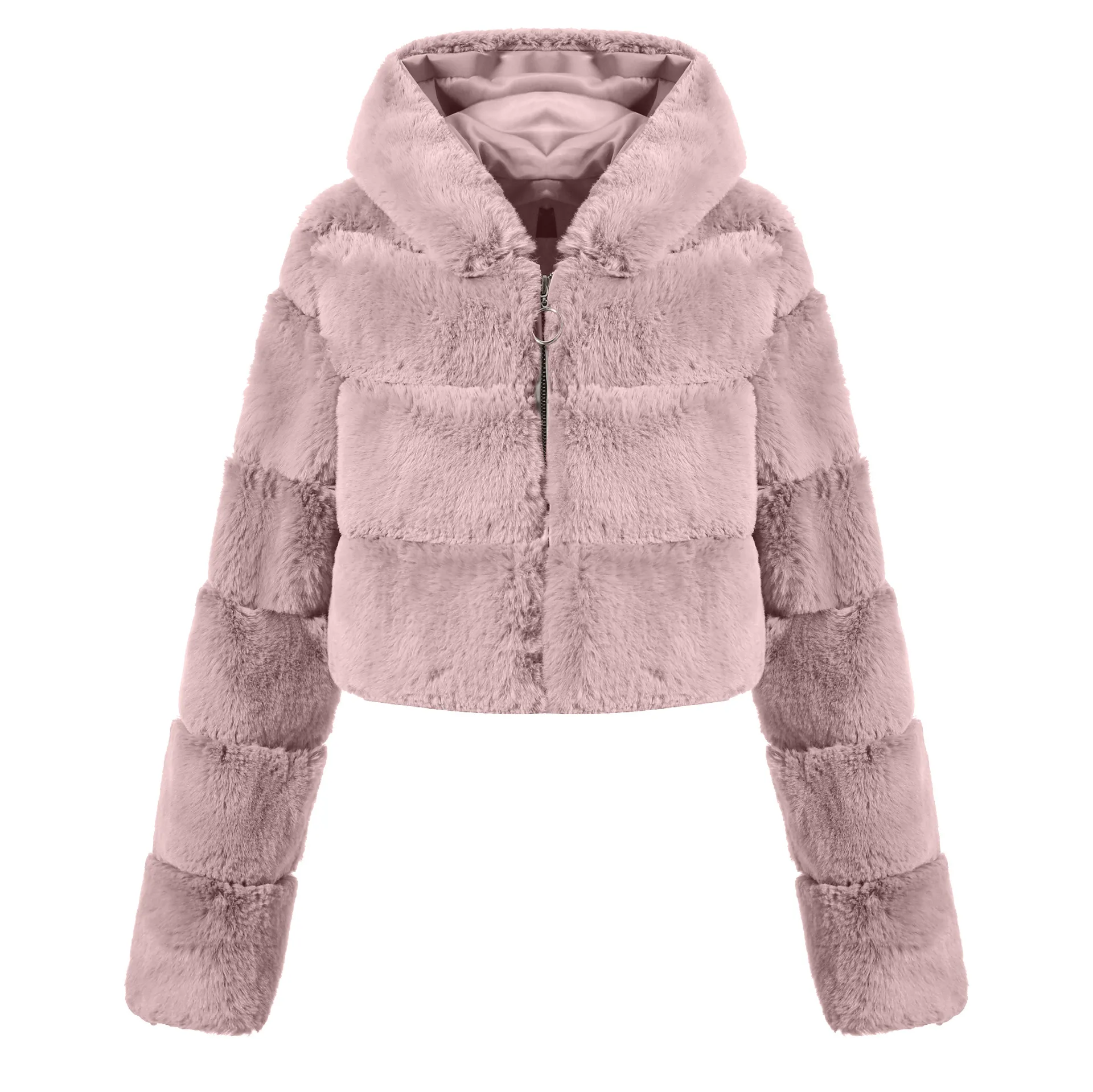 Faux Fur Hooded Zipper Coat
