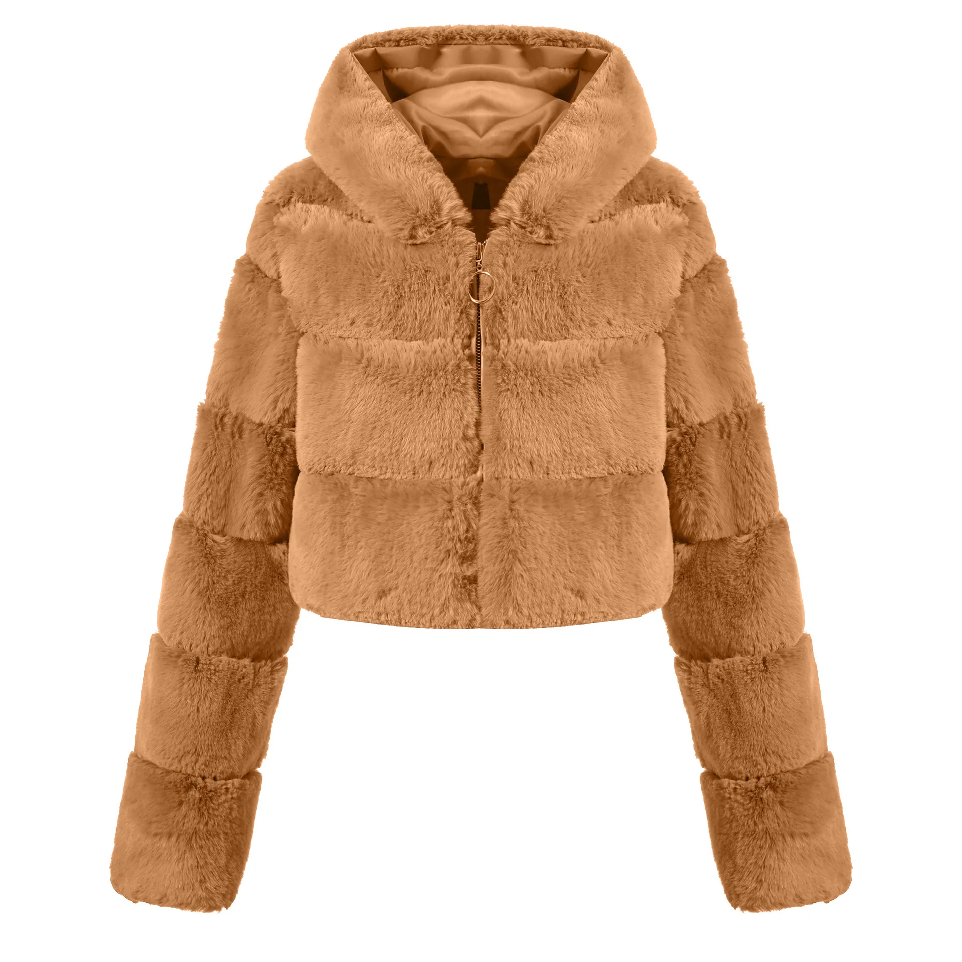 Faux Fur Hooded Zipper Coat