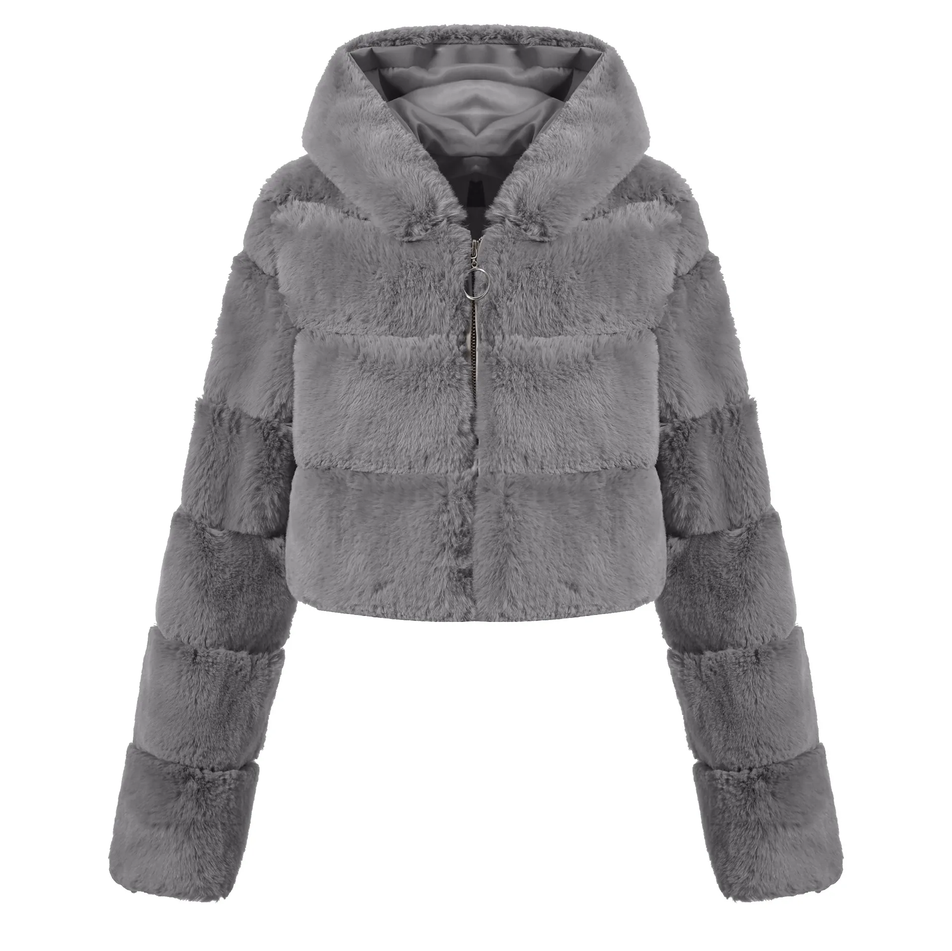 Faux Fur Hooded Zipper Coat