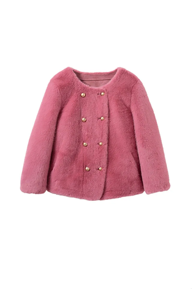 Faux Mink Fur Double Breasted Collarless Jacket
