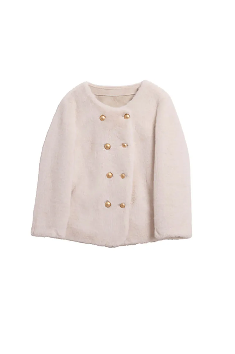 Faux Mink Fur Double Breasted Collarless Jacket