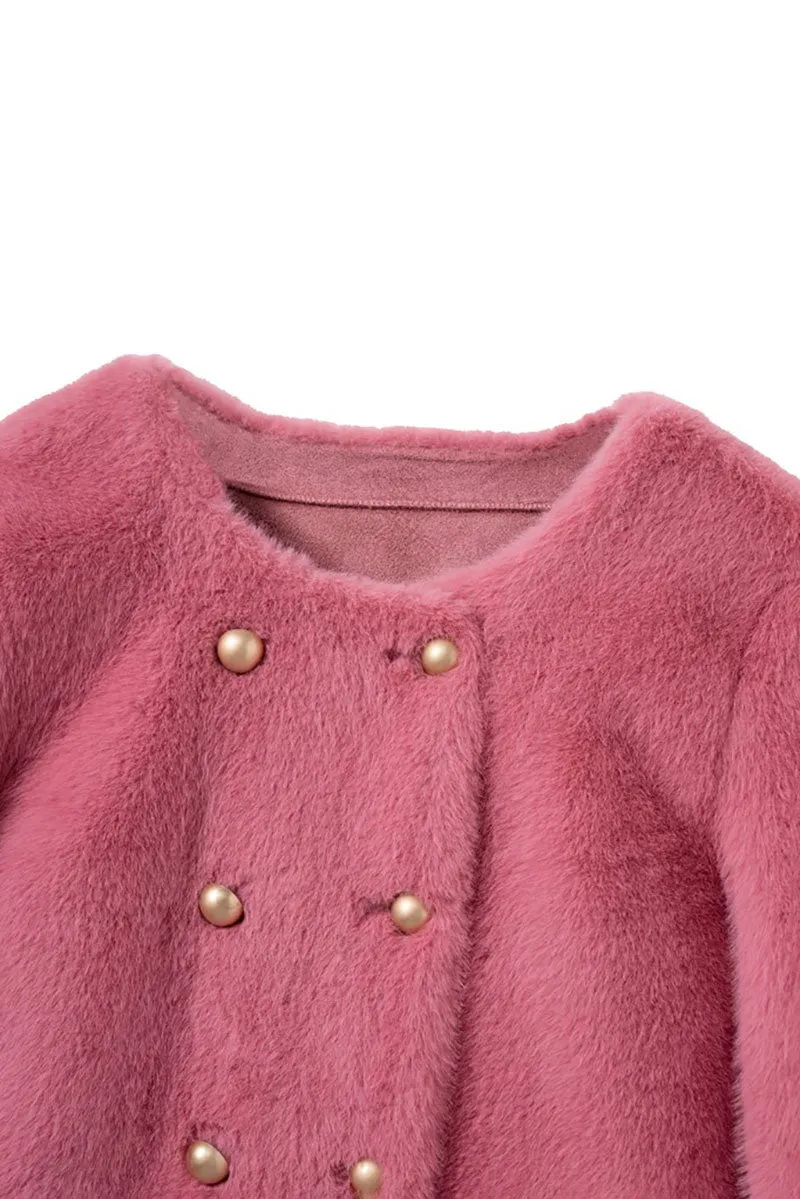 Faux Mink Fur Double Breasted Collarless Jacket