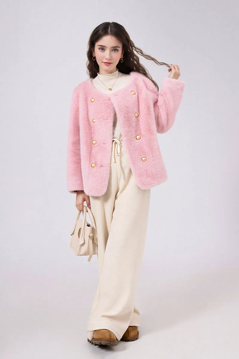 Faux Mink Fur Double Breasted Collarless Jacket