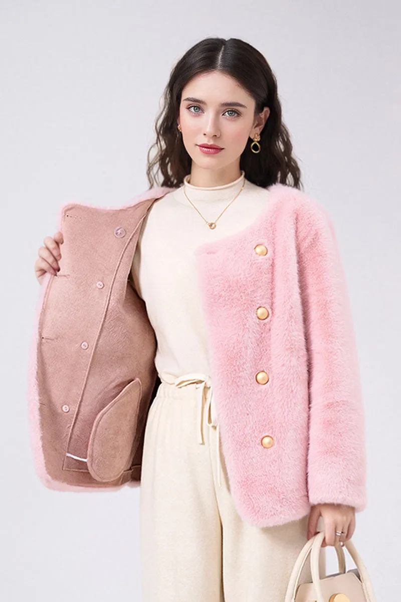 Faux Mink Fur Double Breasted Collarless Jacket