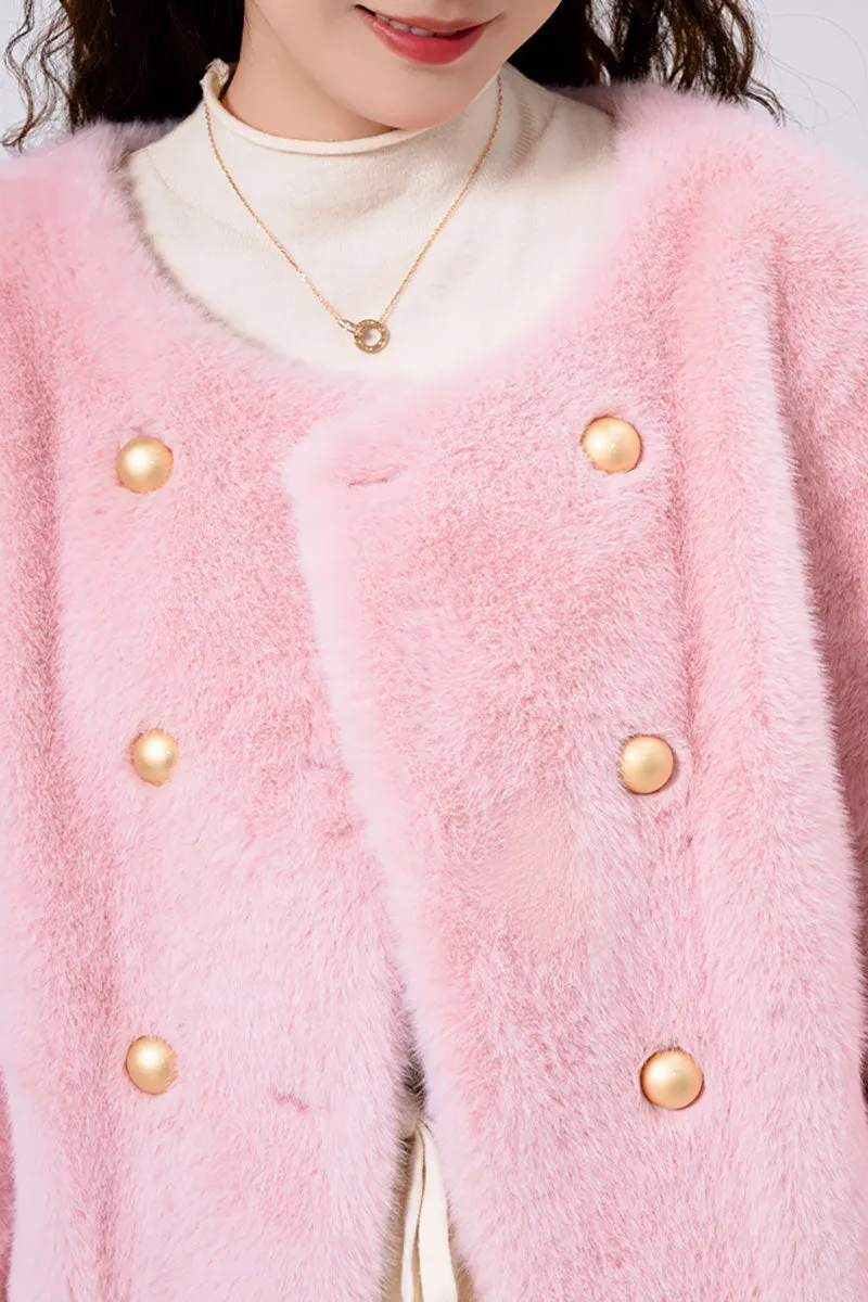 Faux Mink Fur Double Breasted Collarless Jacket