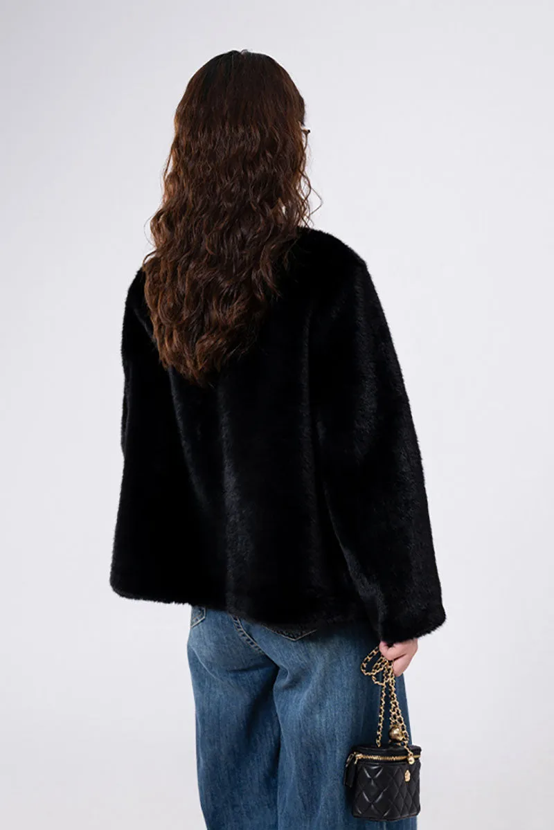 Faux Mink Fur Double Breasted Collarless Jacket