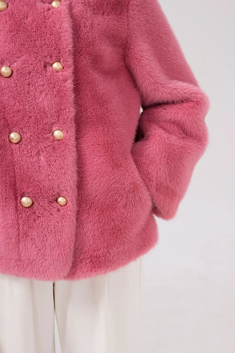Faux Mink Fur Double Breasted Collarless Jacket