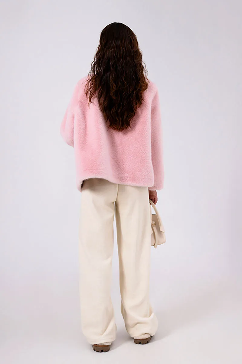 Faux Mink Fur Double Breasted Collarless Jacket