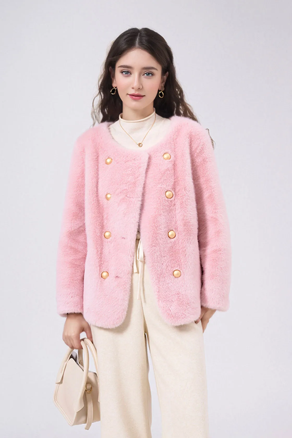 Faux Mink Fur Double Breasted Collarless Jacket