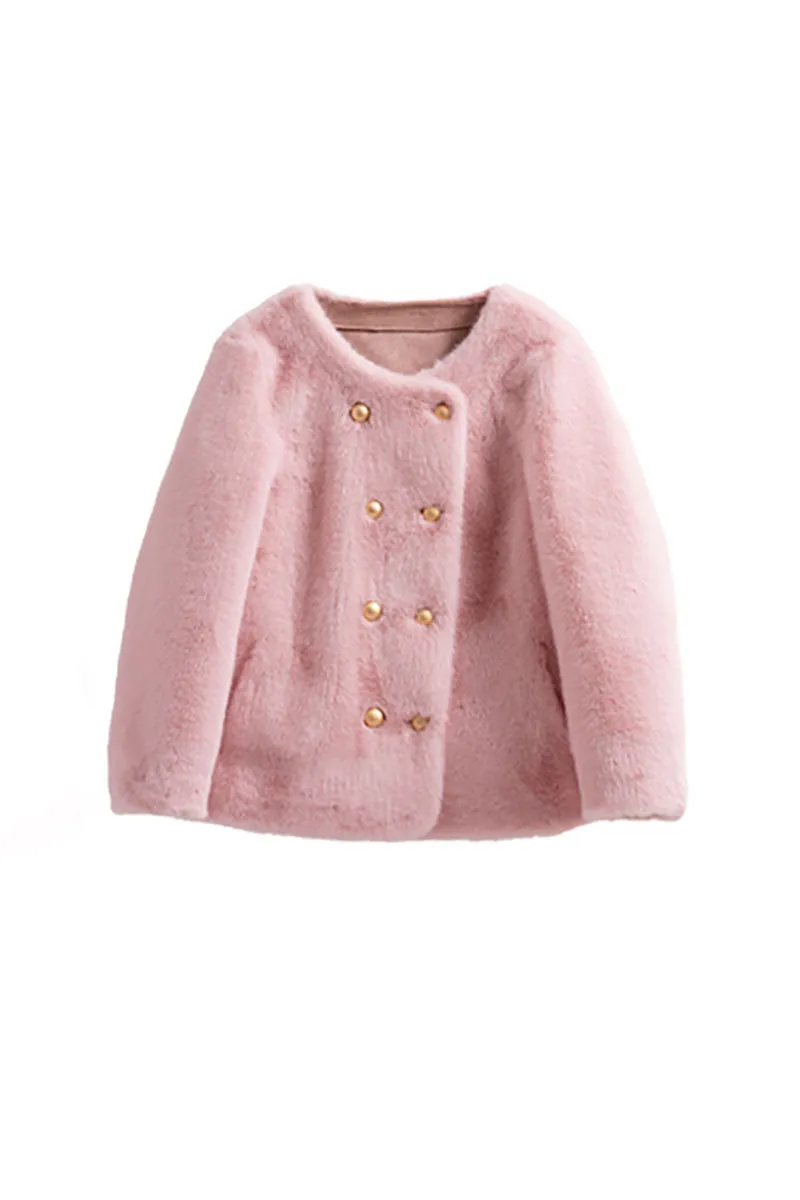 Faux Mink Fur Double Breasted Collarless Jacket