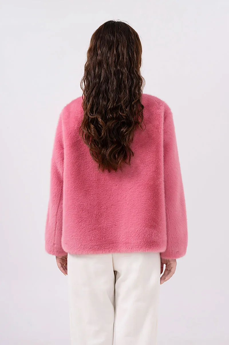 Faux Mink Fur Double Breasted Collarless Jacket