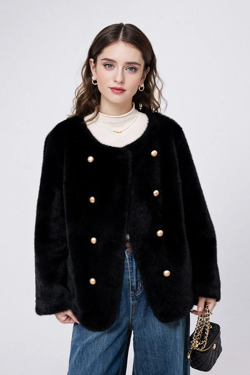 Faux Mink Fur Double Breasted Collarless Jacket