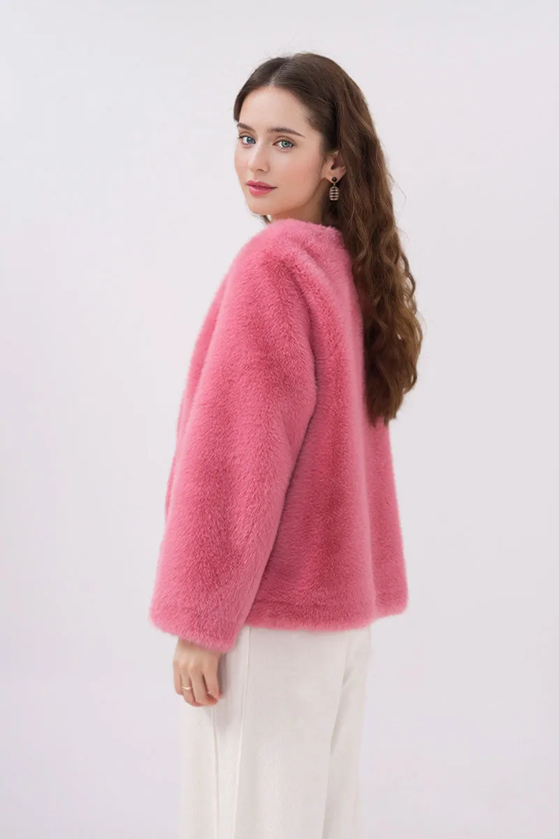 Faux Mink Fur Double Breasted Collarless Jacket