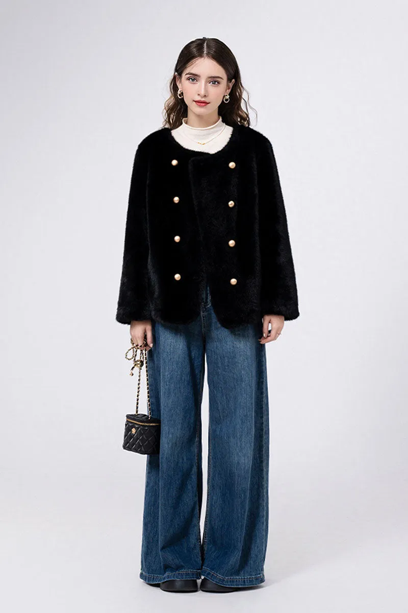 Faux Mink Fur Double Breasted Collarless Jacket