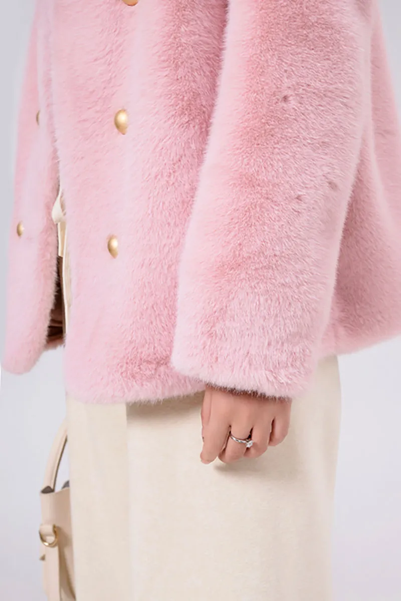 Faux Mink Fur Double Breasted Collarless Jacket