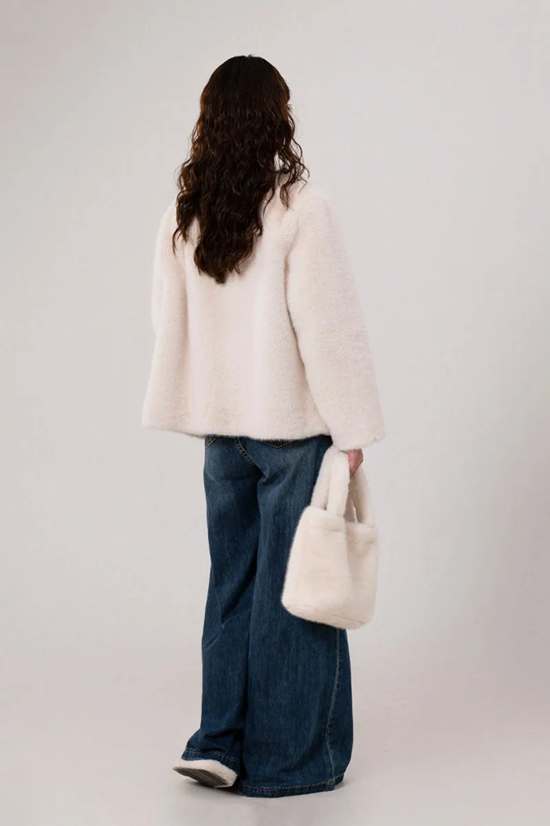 Faux Mink Fur Double Breasted Collarless Jacket