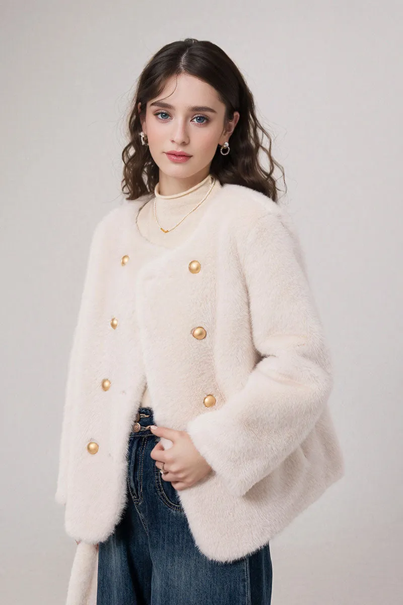 Faux Mink Fur Double Breasted Collarless Jacket