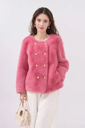 Faux Mink Fur Double Breasted Collarless Jacket